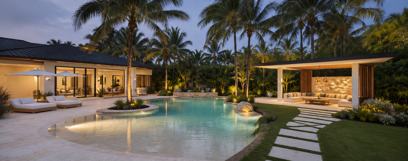 Beautifully renovated pool with lush landscaping